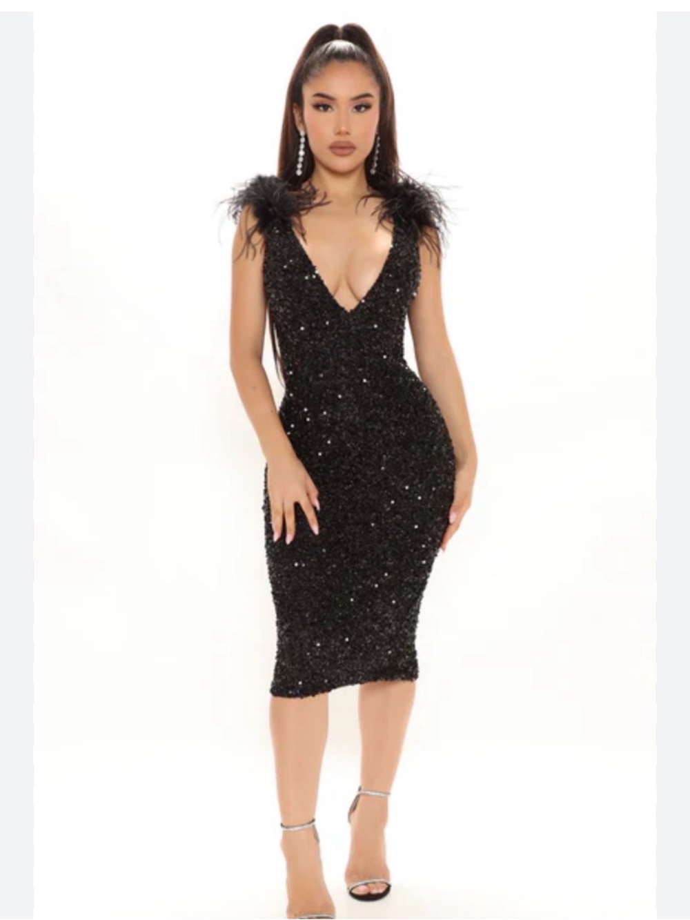 Black Sequin Feather-Trim Midi Dress